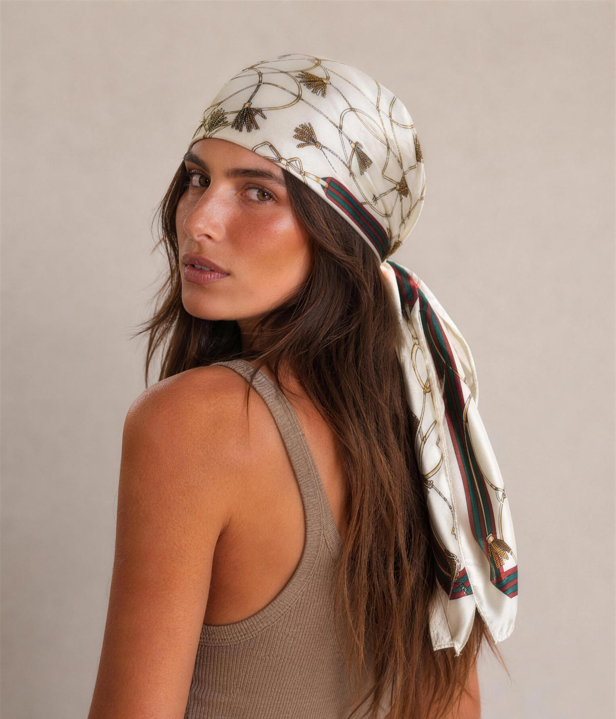 CHAIN HEAD SCARF. — CREAM worn, over the shoulder