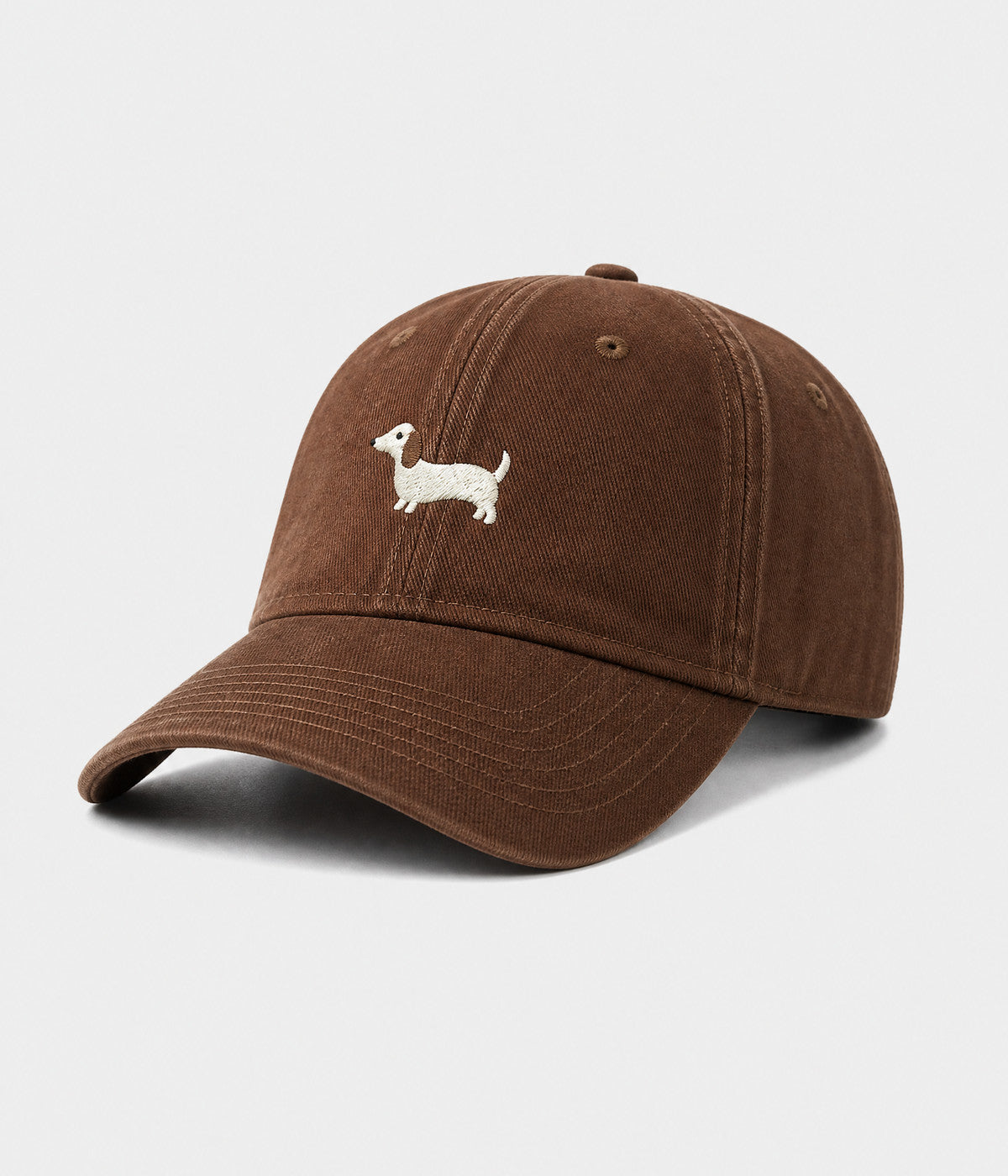 SAUSAGE DOG. washed cotton cap in coffee, side view