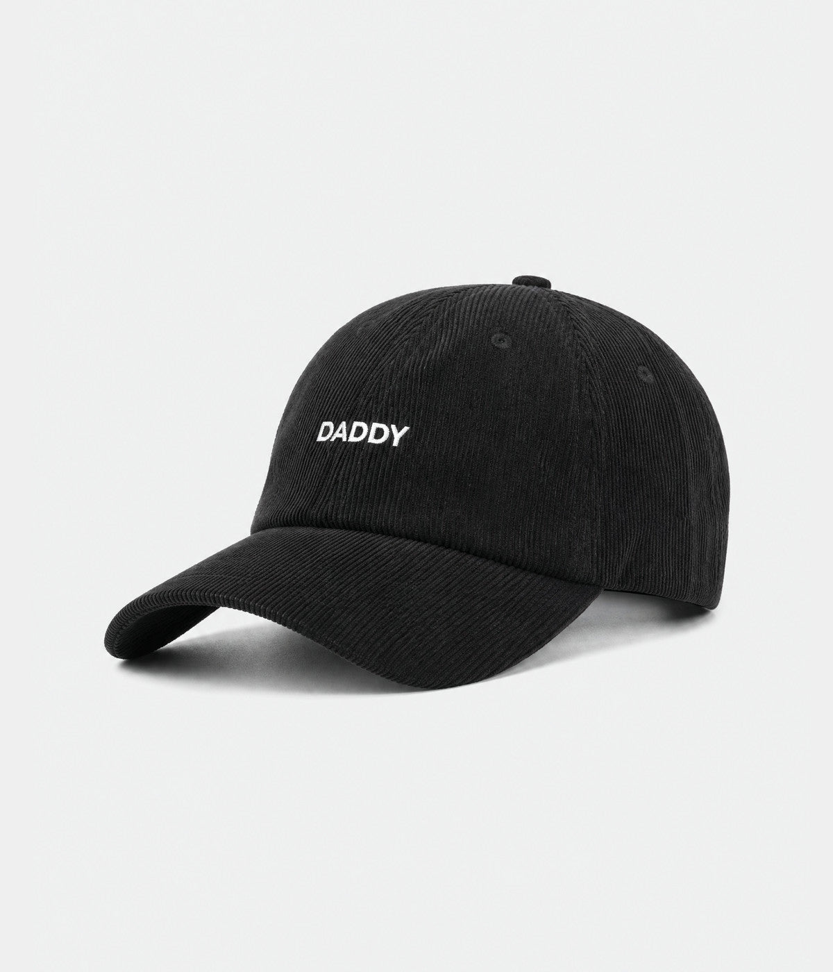 CORDUROY DADDY. unstructured corduroy dad cap in black, side view
