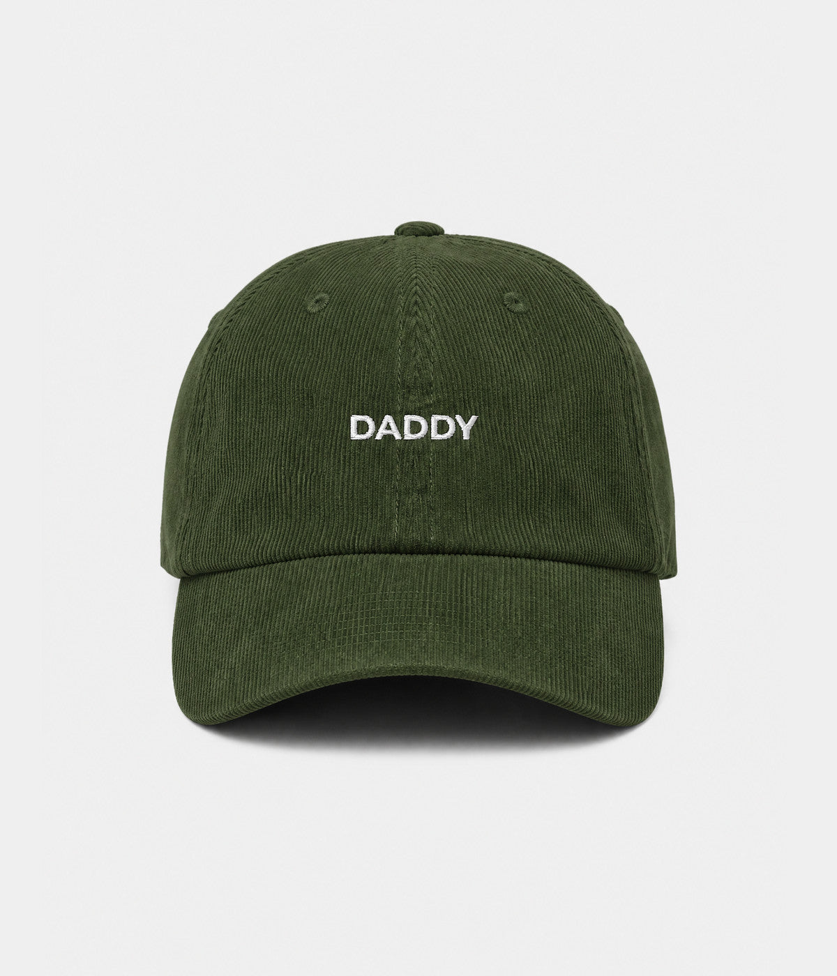 CORDUROY DADDY. unstructured corduroy dad cap in dark green, front view