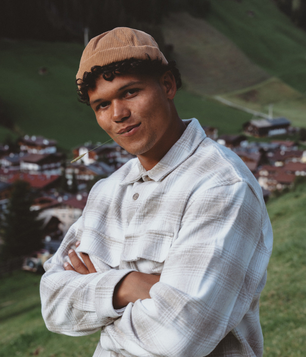 CORDUROY FISHERMAN BEANIE. — BROWN worn