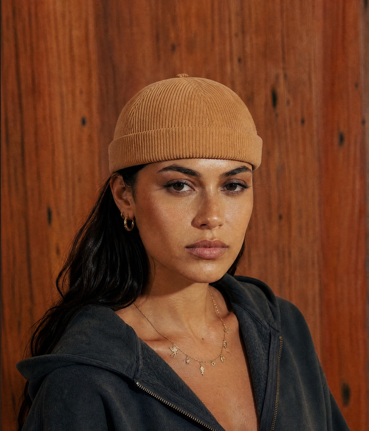 CORDUROY FISHERMAN BEANIE. — BROWN worn