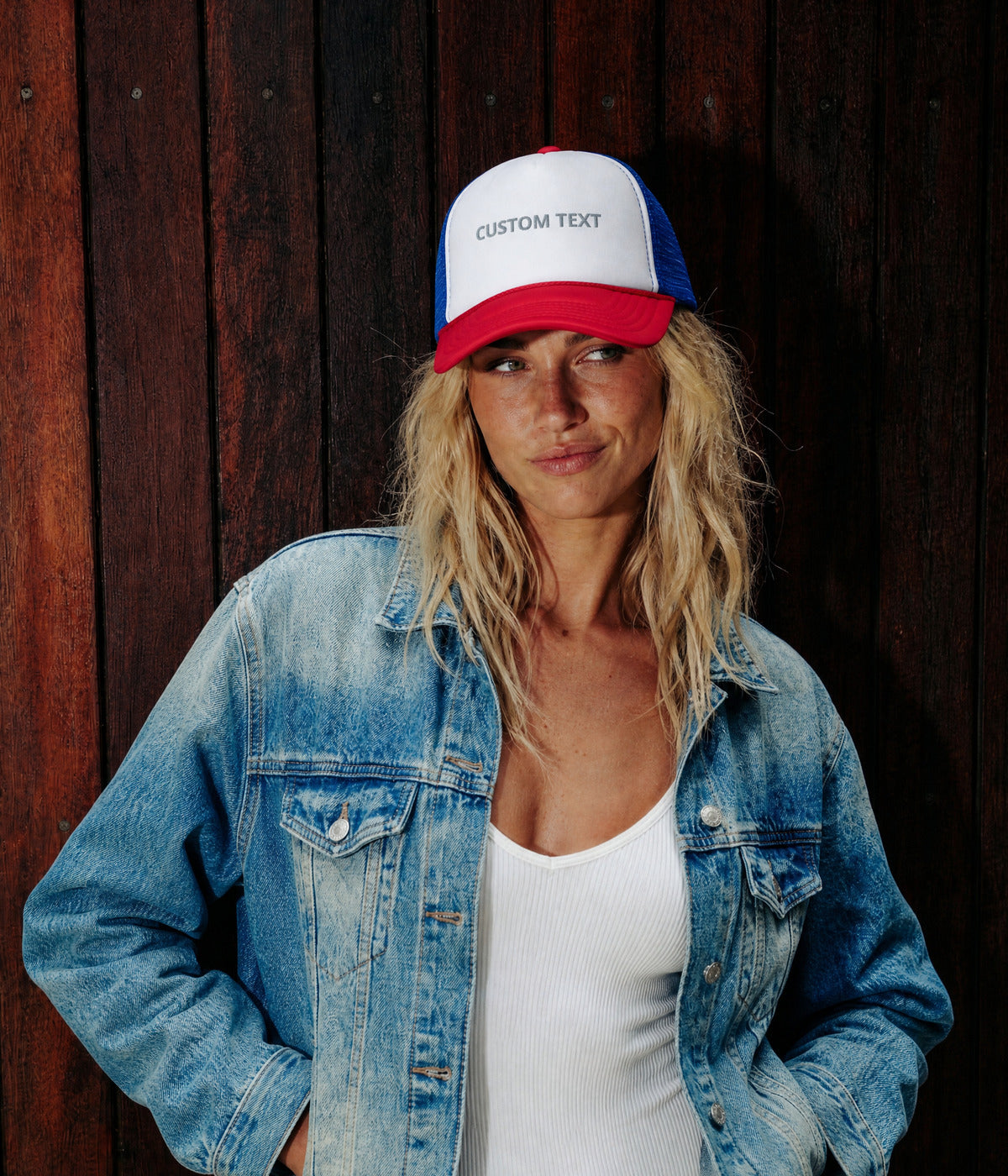 CUSTOM FOAM TRUCKER. RED/WHITE/BLUE worn by a woman