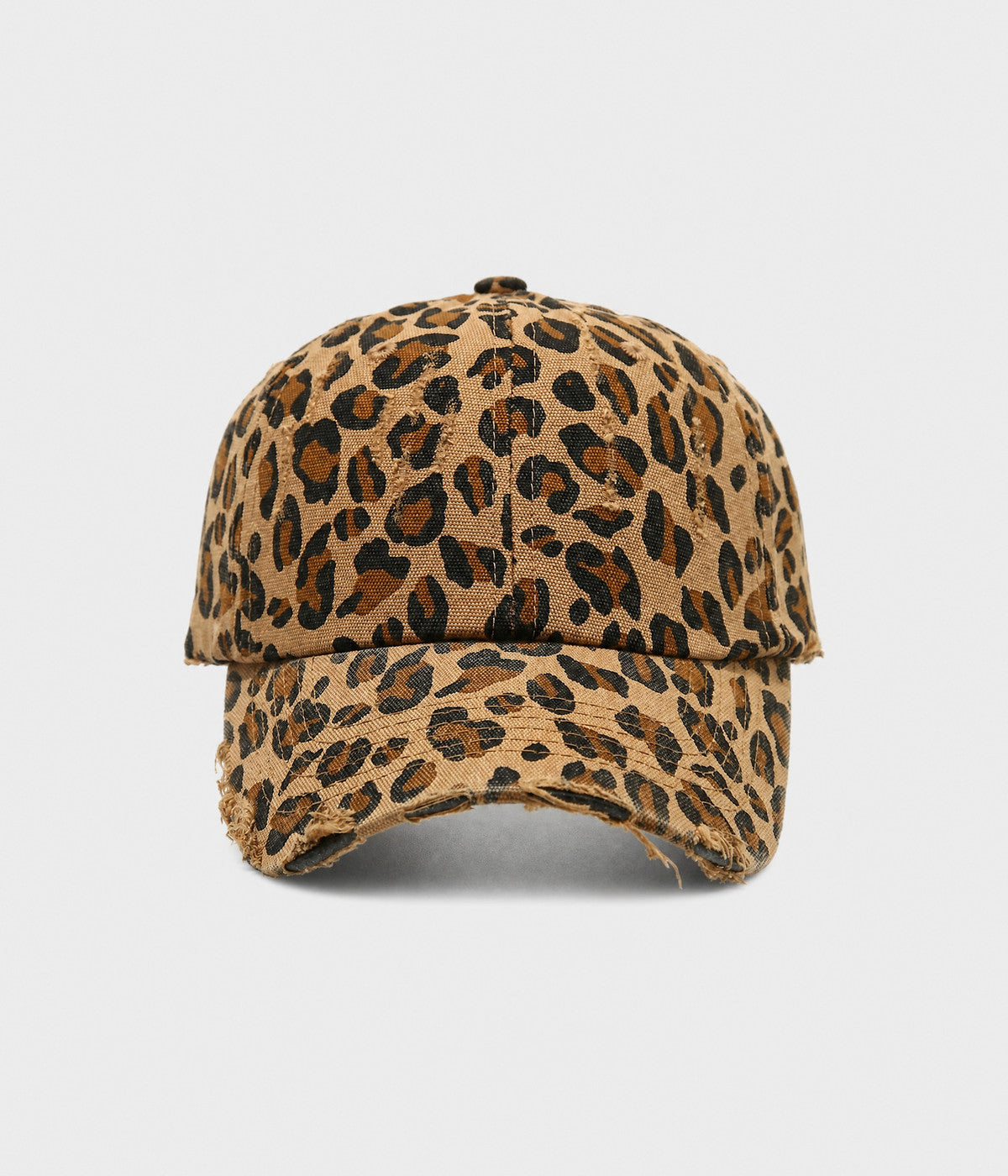 DISTRESSED LEOPARD. leopard-print cotton cap in khaki, front view
