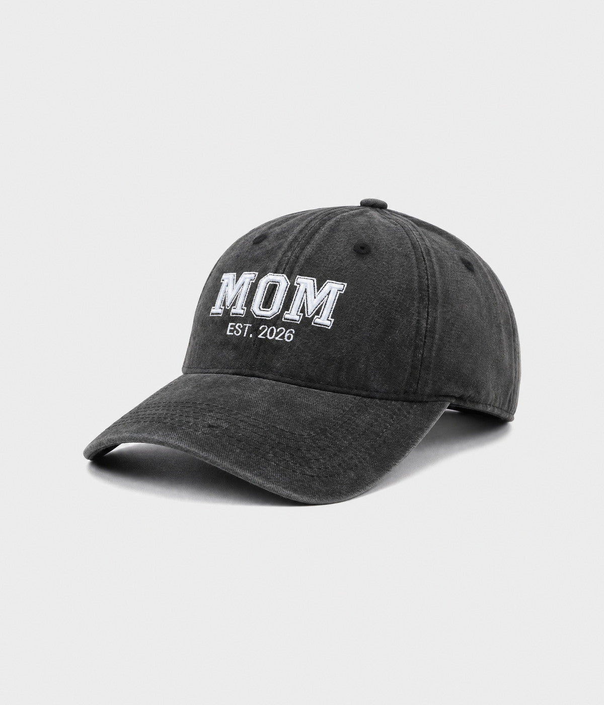 WASHED MOM EST 2026. washed cotton dad cap in BLACK, side view