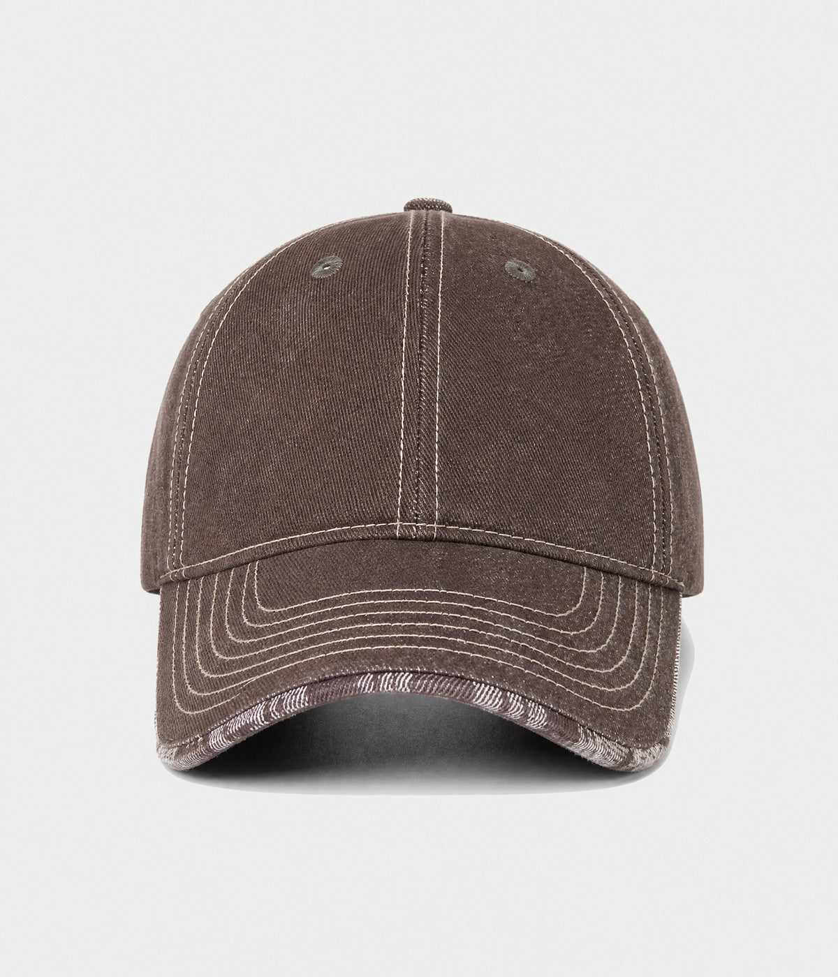 DENIM PLAID. washed denim cap in brown, front view