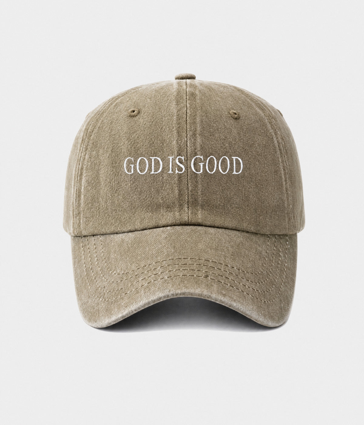 GOD IS GOOD. washed cotton cap in khaki, front view