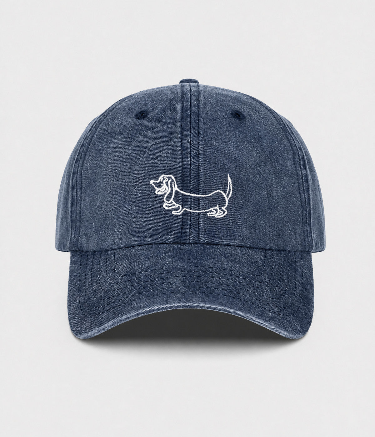 WASHED SAUSAGE DOG. washed cotton cap in NAVY, front view