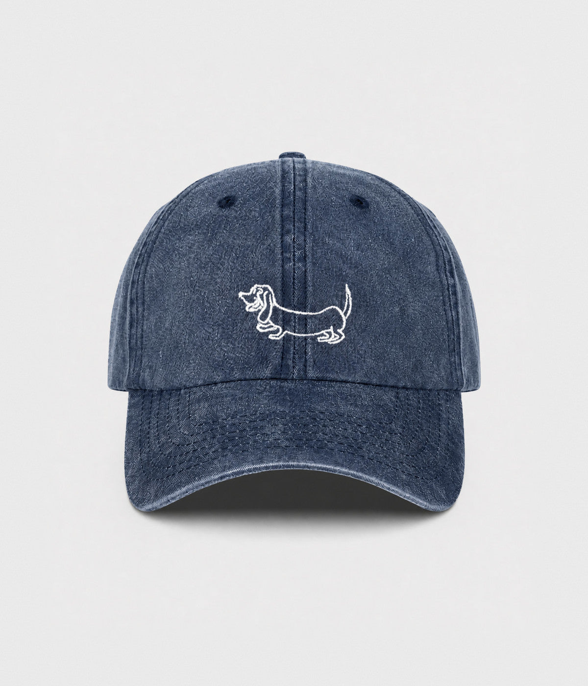 WASHED SAUSAGE DOG. washed cotton cap in NAVY, front view