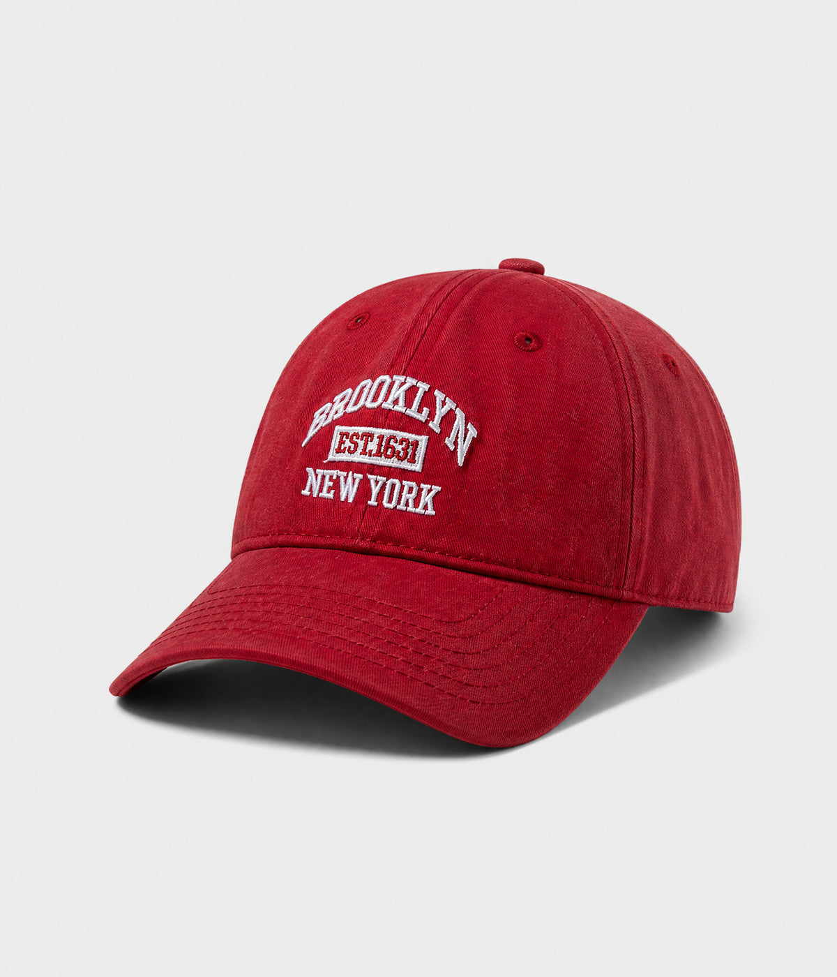BROOKLYN NY. washed cotton dad cap in red, side view