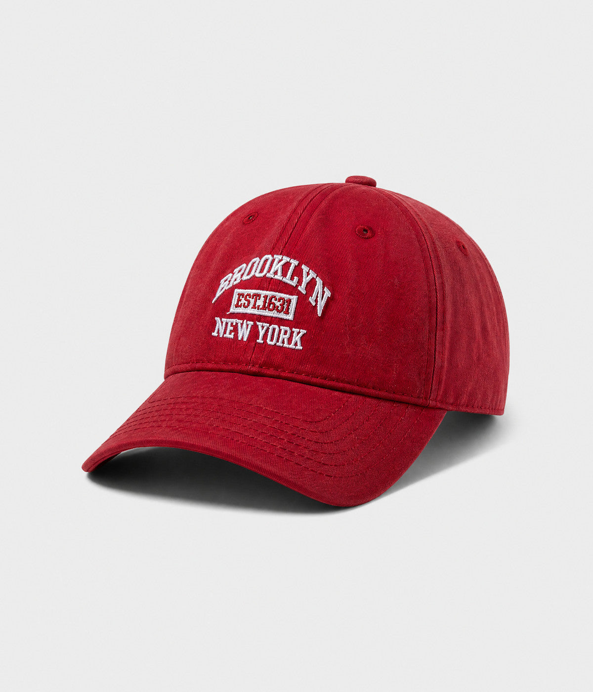 BROOKLYN NY. washed cotton dad cap in red, side view