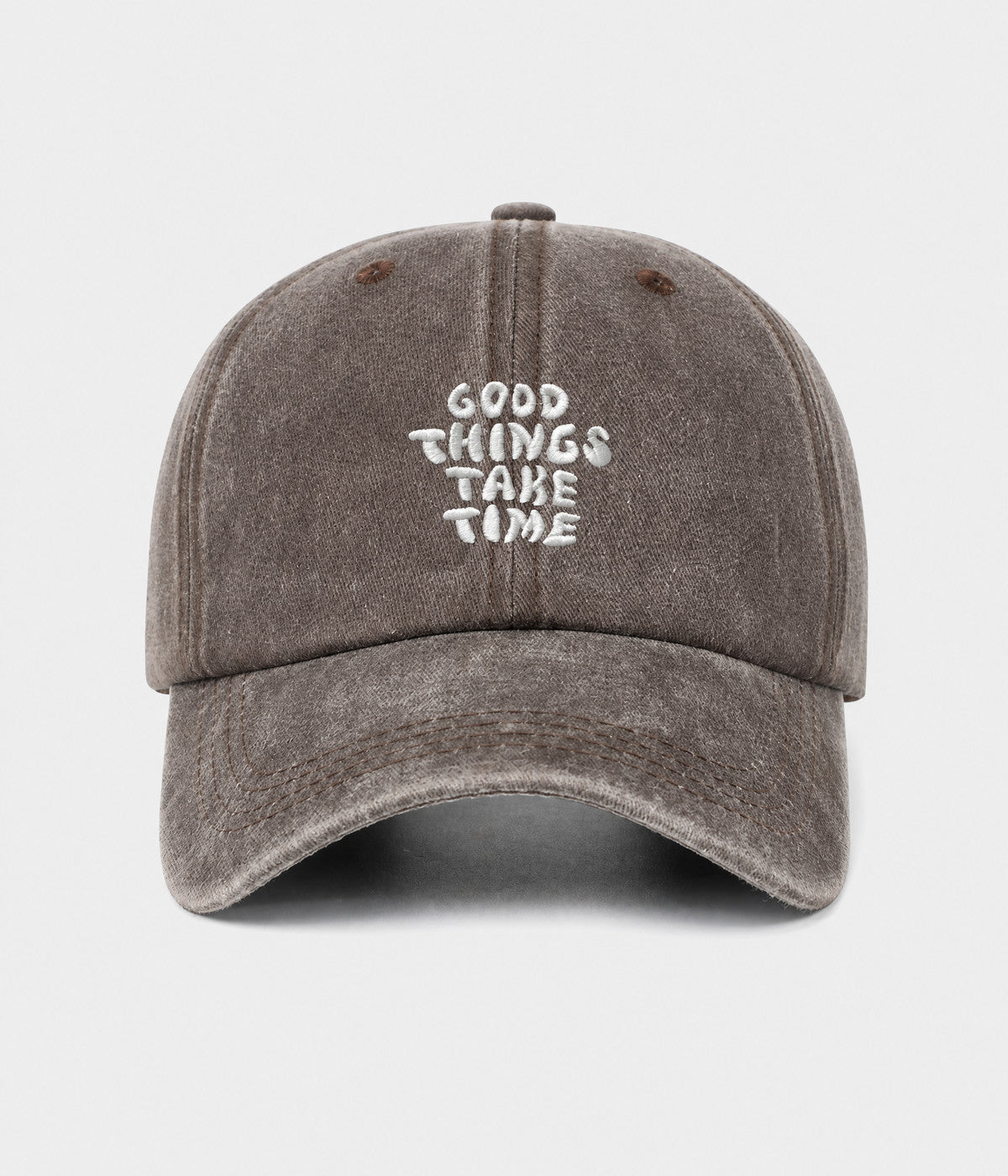 GOOD THINGS TAKE TIME. washed cotton dad cap in coffee, front view