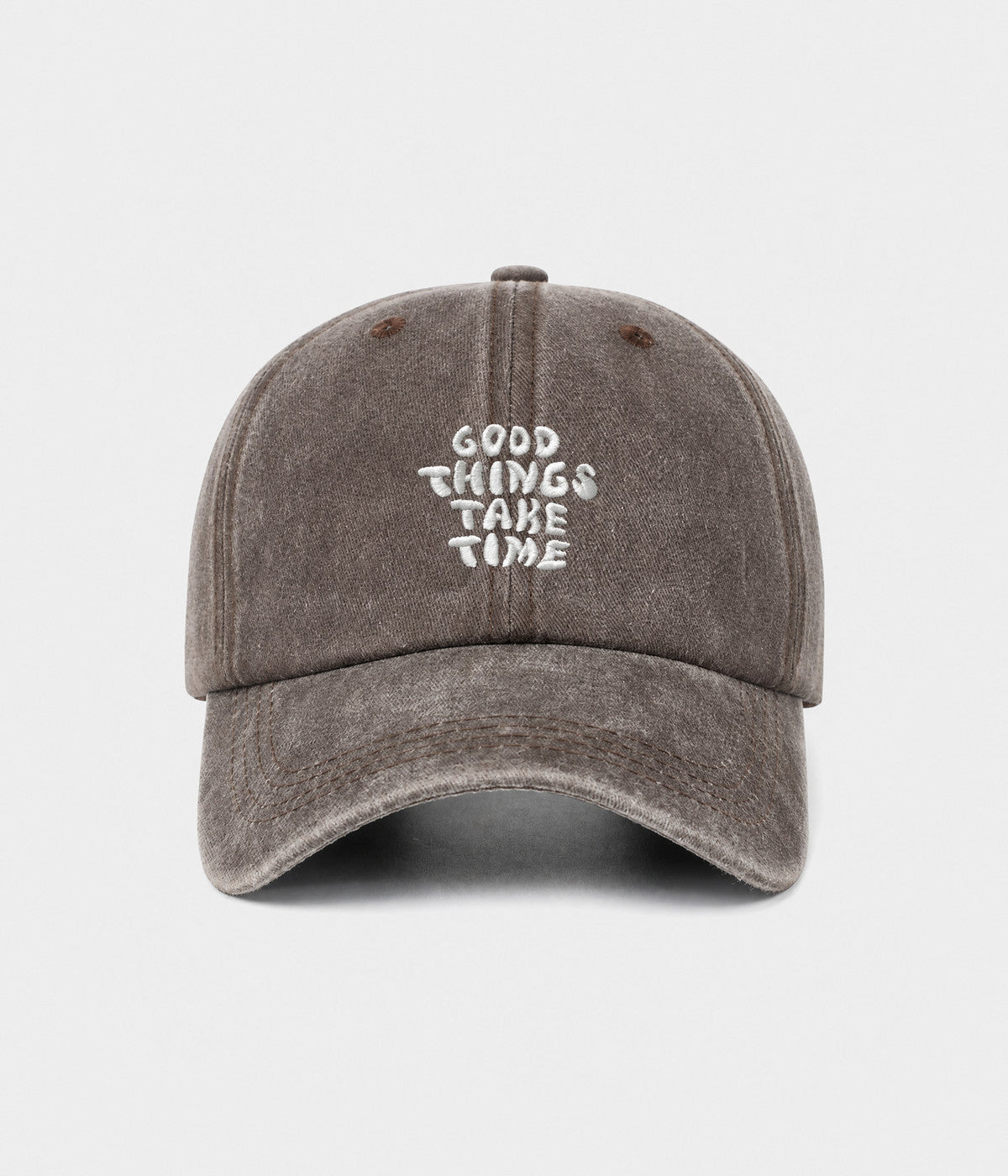 GOOD THINGS TAKE TIME. washed cotton dad cap in coffee, front view
