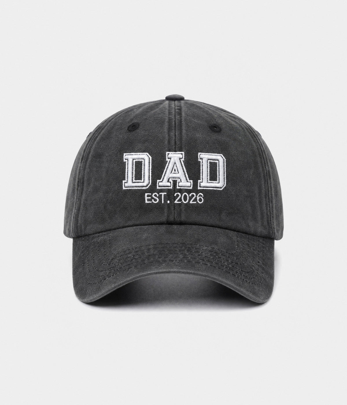 WASHED DAD EST 2026. washed cotton dad cap in BLACK, front view