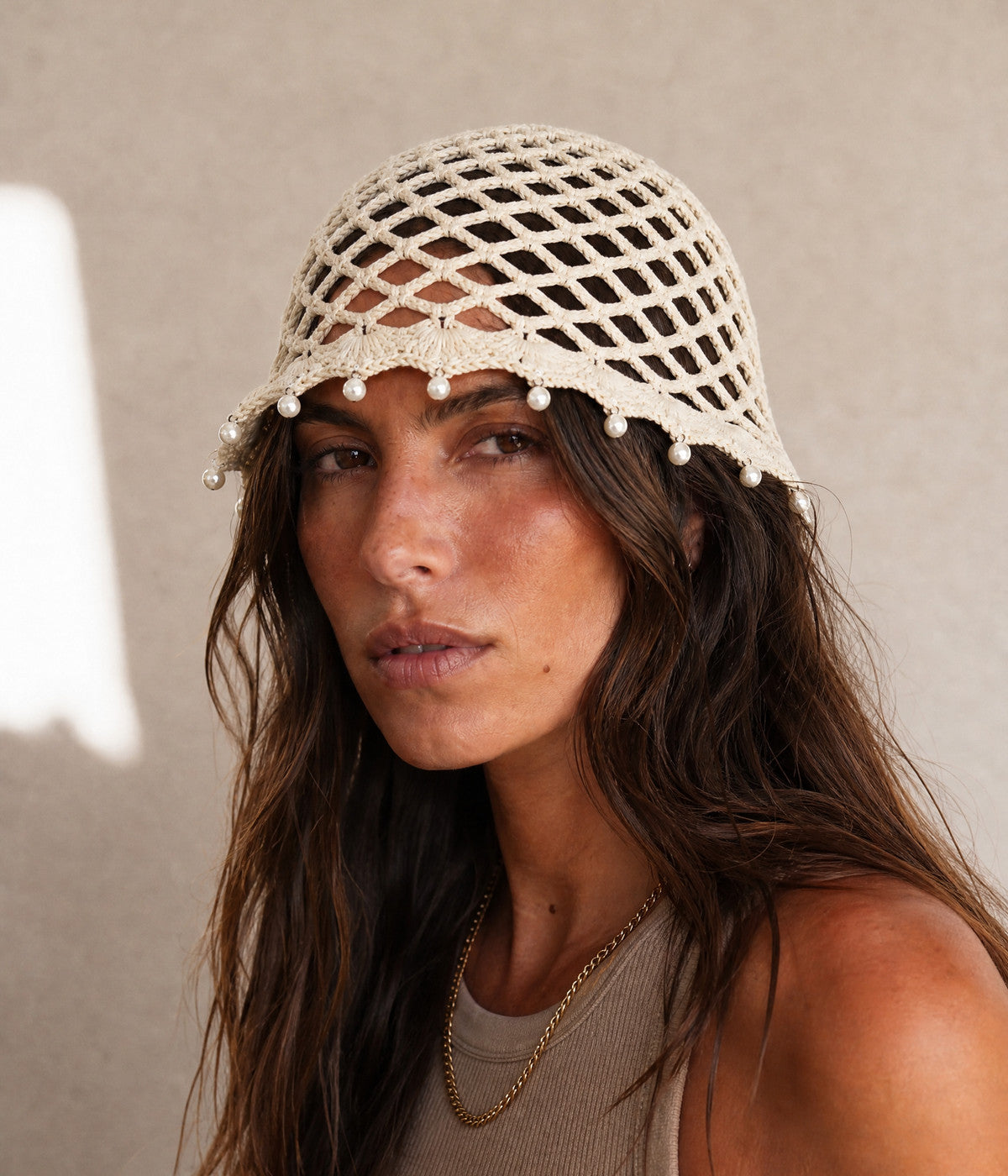 PEARL CROCHET CAP. — BEIGE worn