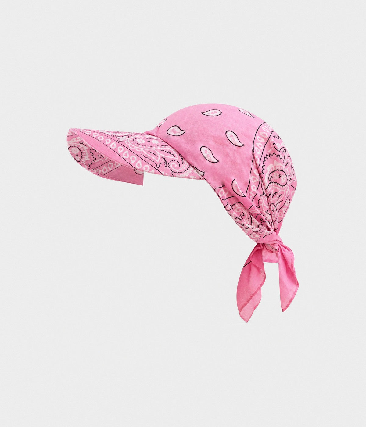 PEAKED BANDANA CAP. peaked paisley bandana cap in pink, front view