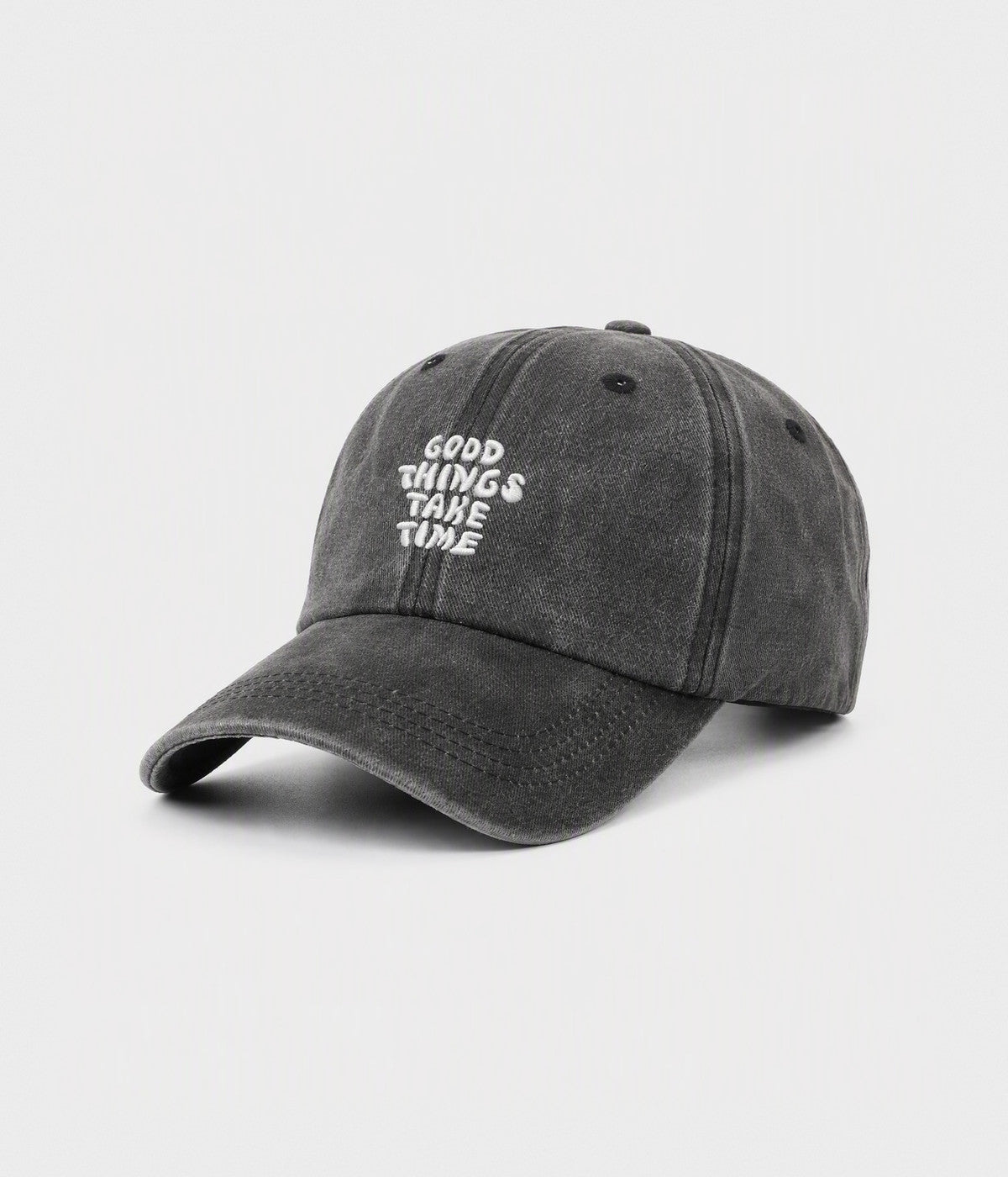 GOOD THINGS TAKE TIME. washed cotton dad cap in black, side view