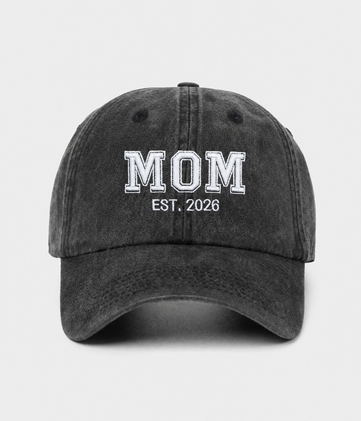 WASHED MOM EST 2026. washed cotton dad cap in BLACK, front view