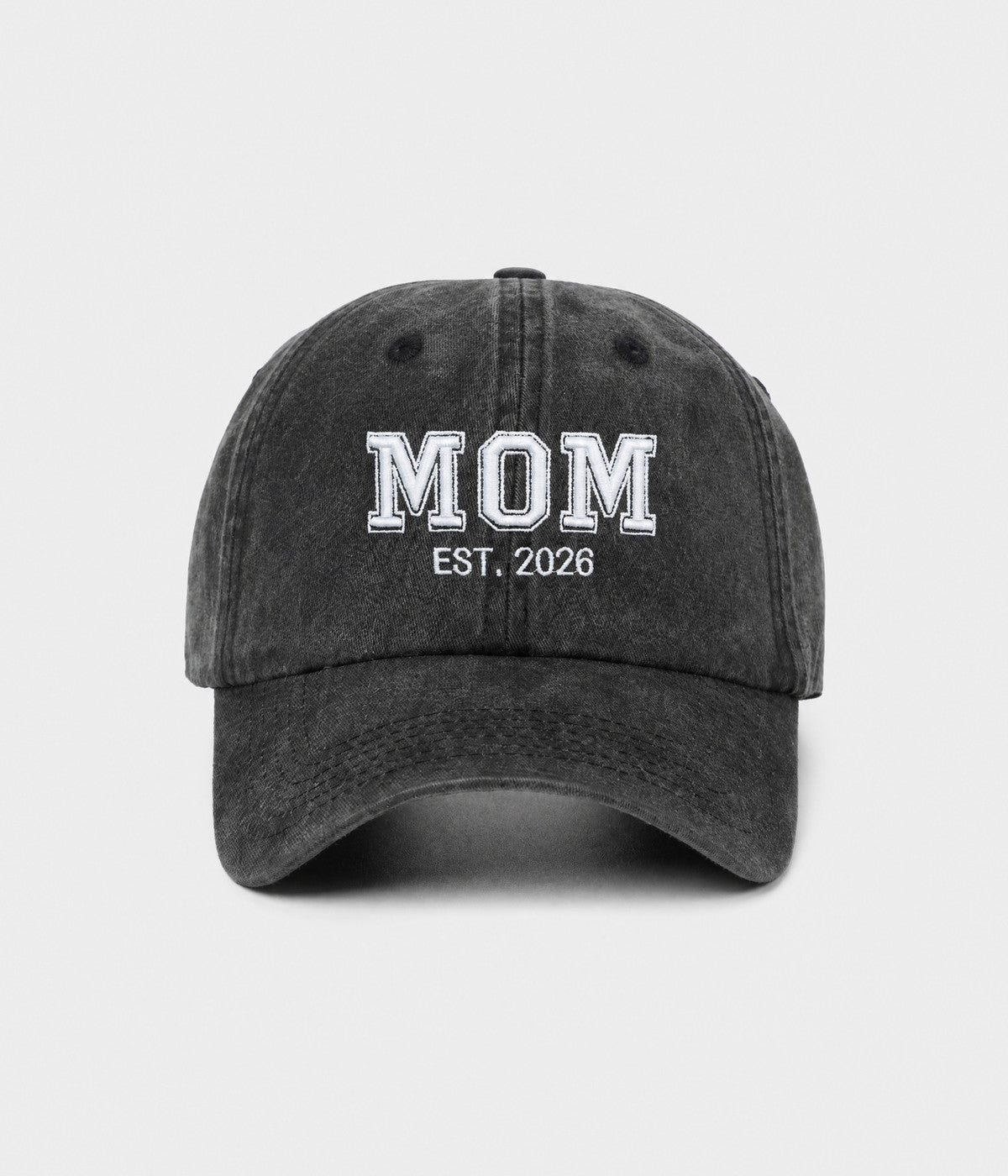 WASHED MOM EST 2026. washed cotton dad cap in BLACK, front view