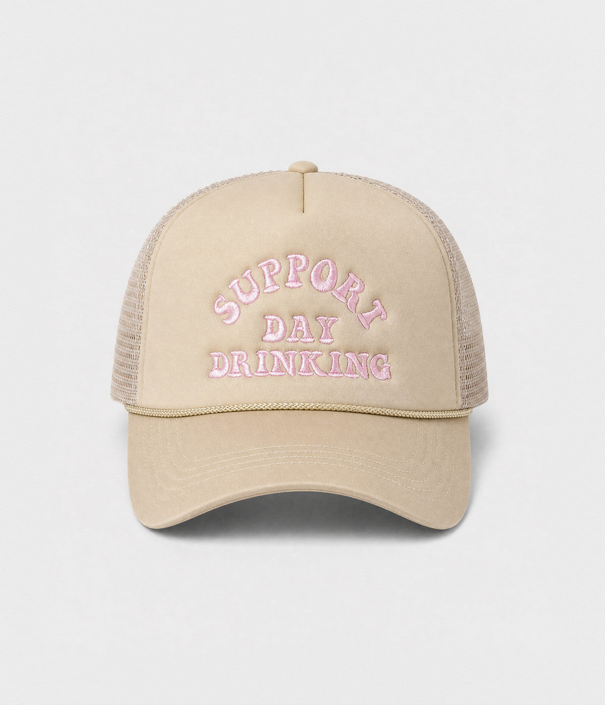 SUPPORT DAY DRINKING TRUCKER. foam-front mesh trucker cap in KHAKI, front view