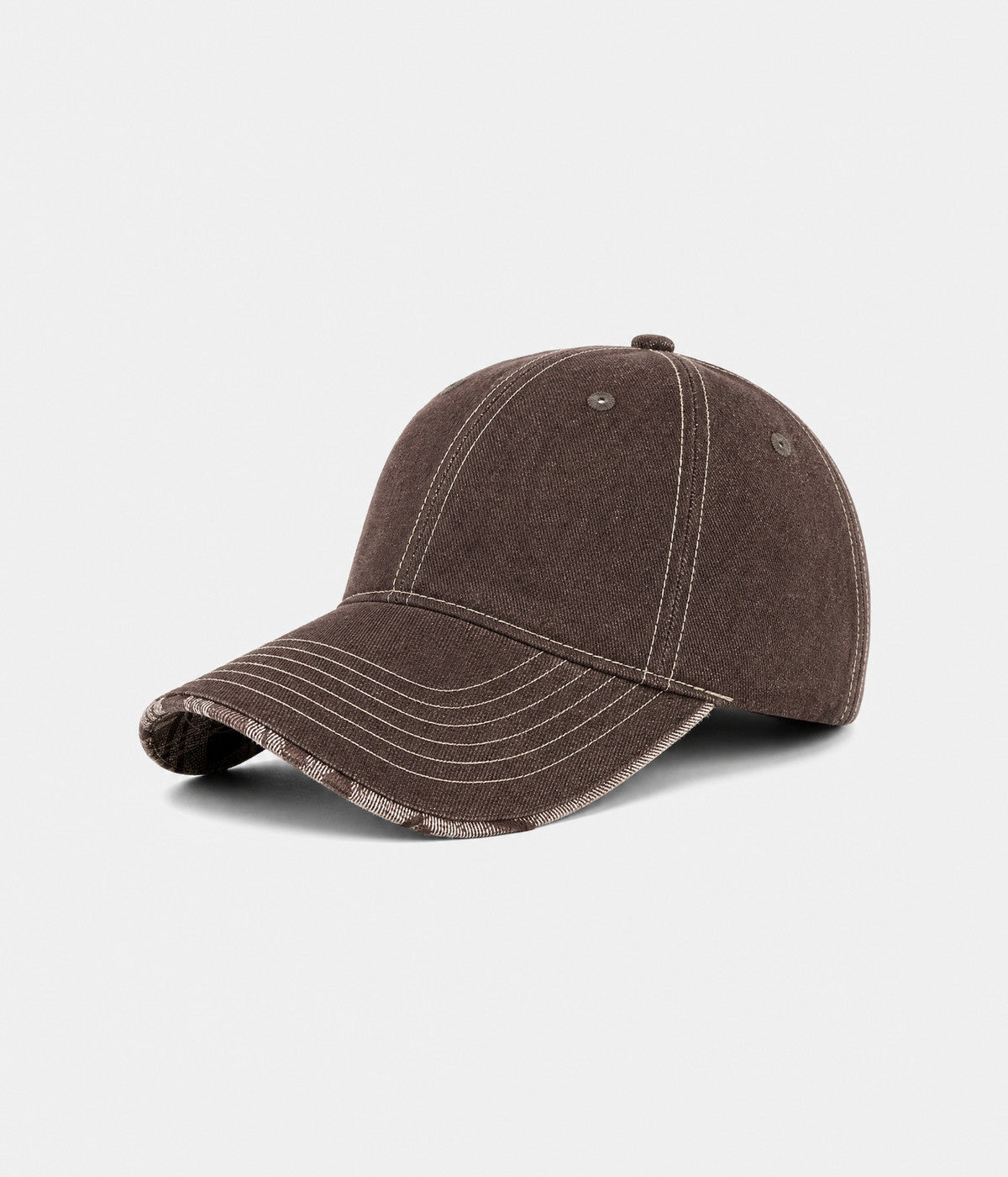 DENIM PLAID. washed denim cap in brown, side view