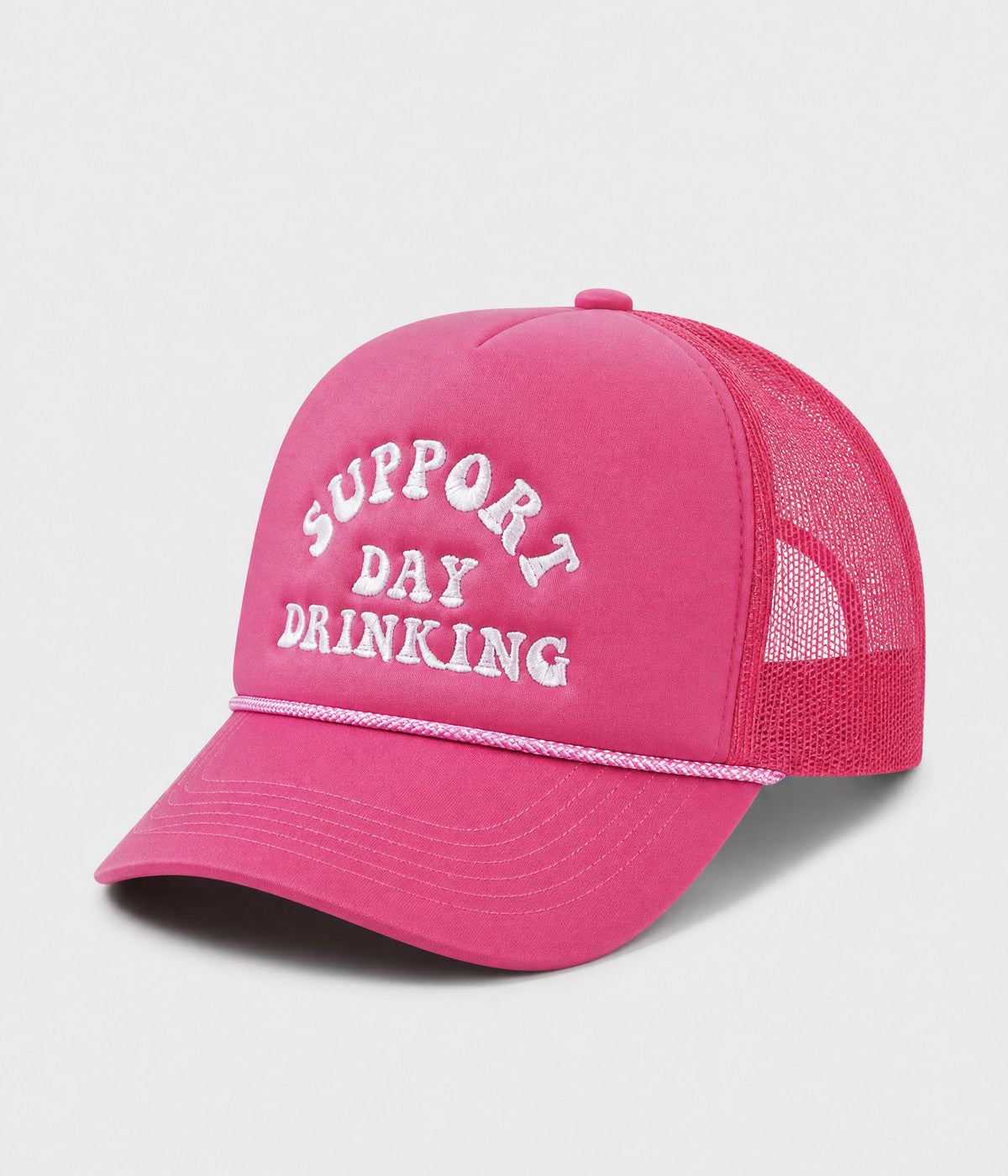 SUPPORT DAY DRINKING TRUCKER. foam-front mesh trucker cap in ROSE, side view
