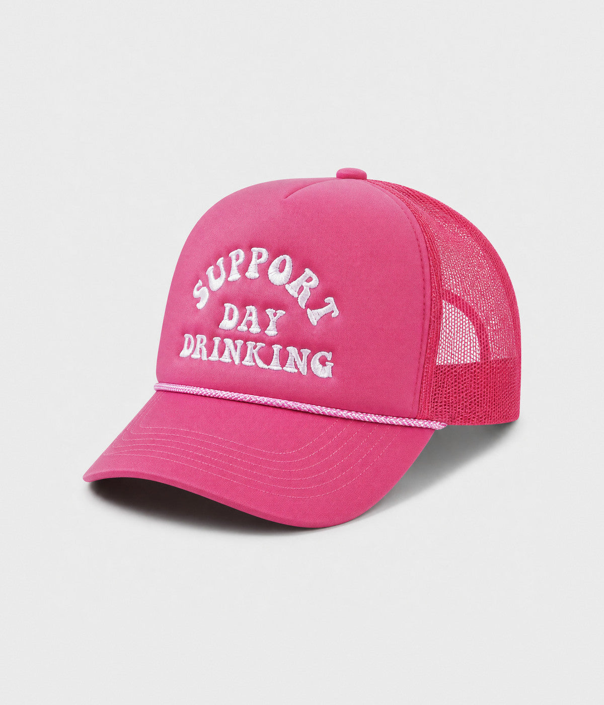 SUPPORT DAY DRINKING TRUCKER. foam-front mesh trucker cap in ROSE, side view