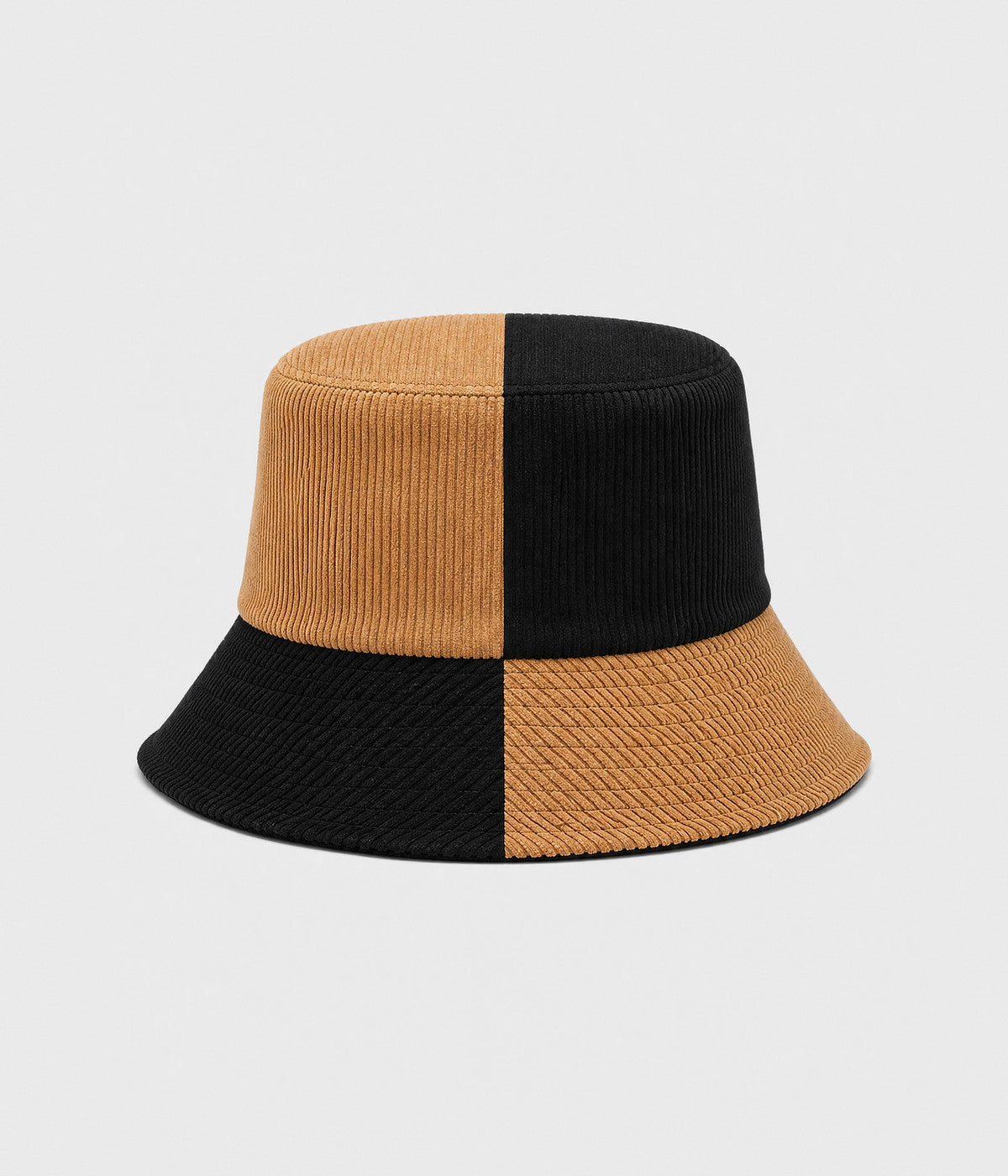 PATCHWORK BUCKET. corduroy bucket hat in BLACK BROWN, front view