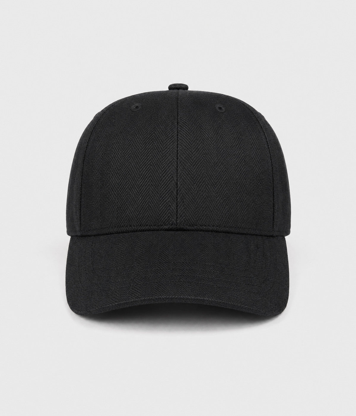 HERRINGBONE LINEN CAP. herringbone linen cap in black, front view