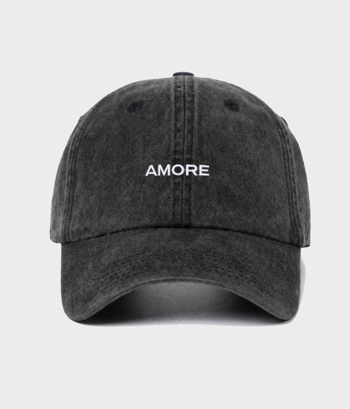 WASHED AMORE. washed cotton dad cap in BLACK, front view