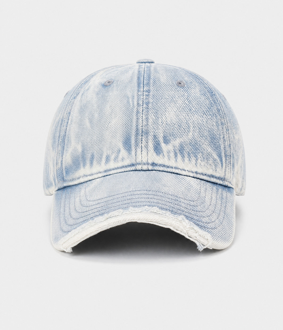 SNOW WASH DENIM. acid-washed denim cap in light blue, front view