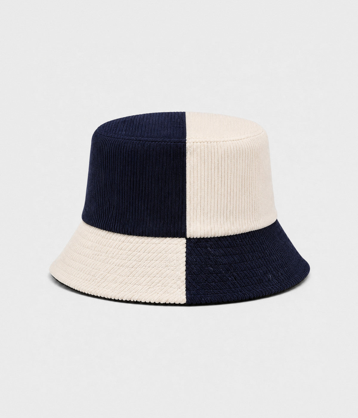 PATCHWORK BUCKET. corduroy bucket hat in NAVY BEIGE, front view