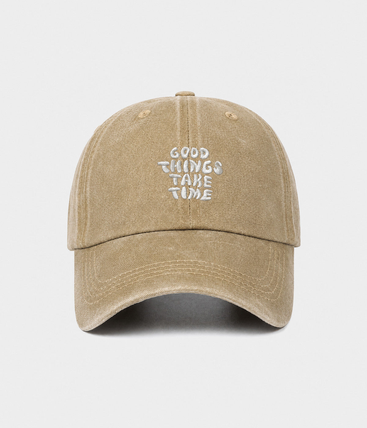 GOOD THINGS TAKE TIME. washed cotton dad cap in khaki, front view