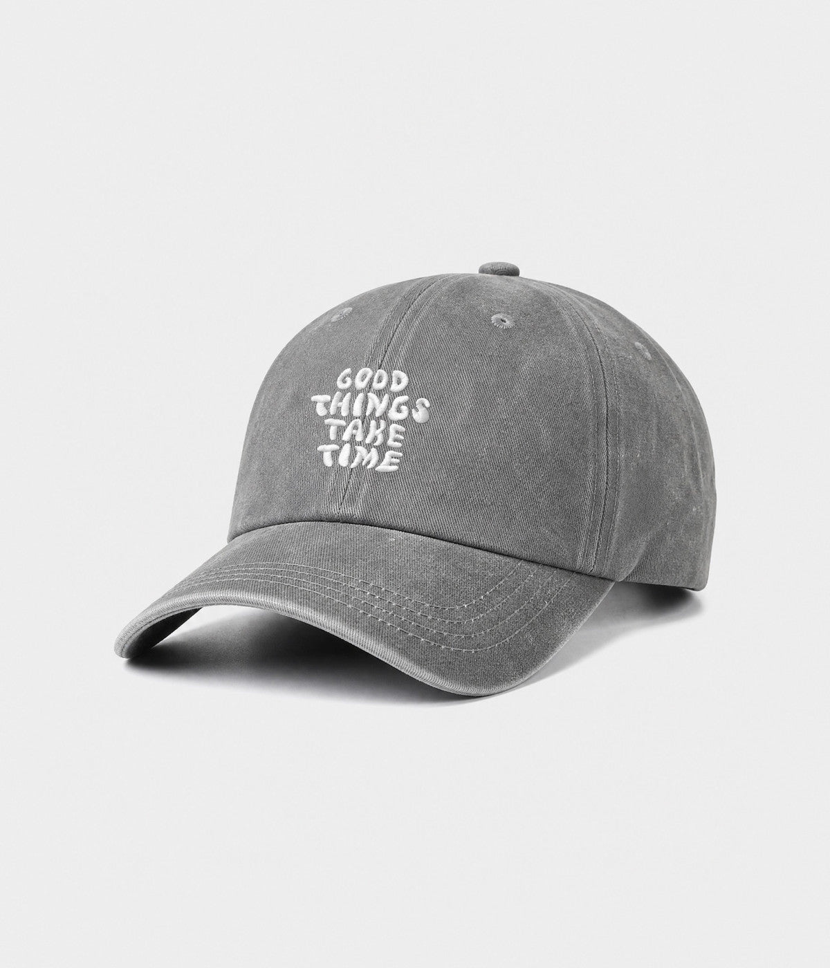GOOD THINGS TAKE TIME. washed cotton dad cap in gray, side view