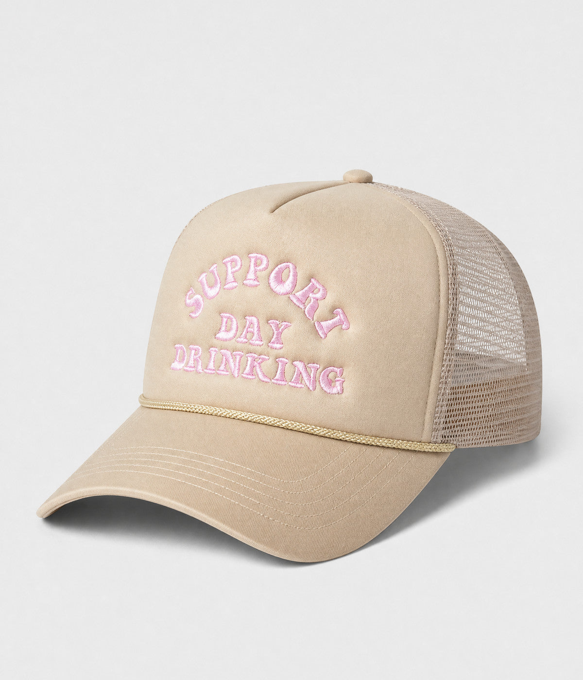 SUPPORT DAY DRINKING TRUCKER. foam-front mesh trucker cap in KHAKI, side view