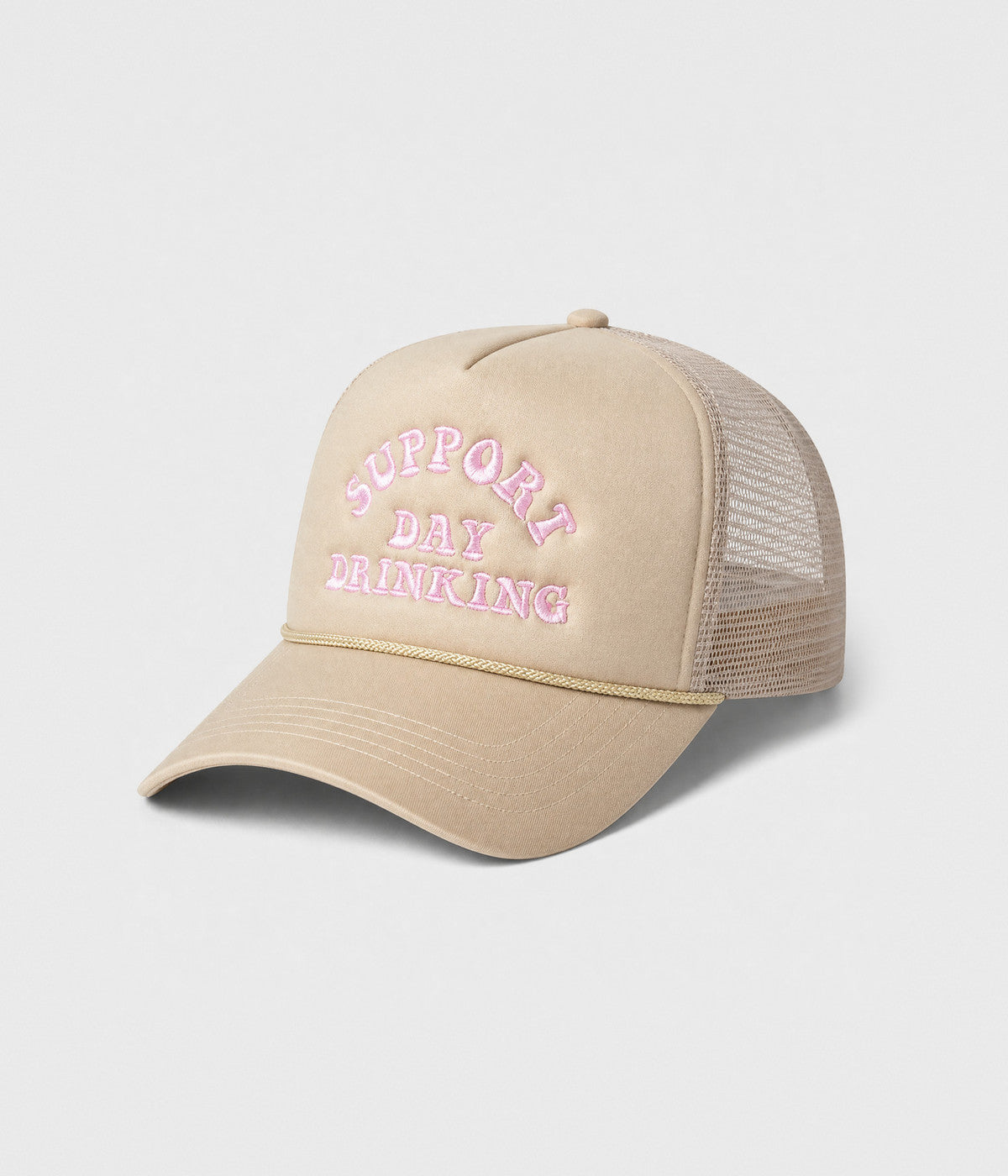 SUPPORT DAY DRINKING TRUCKER. foam-front mesh trucker cap in KHAKI, side view