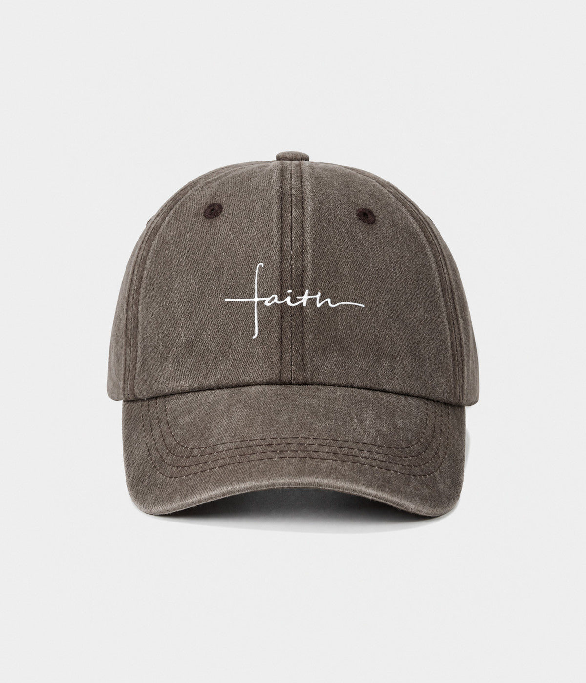 FAITH. washed cotton cap in COFFEE, front view