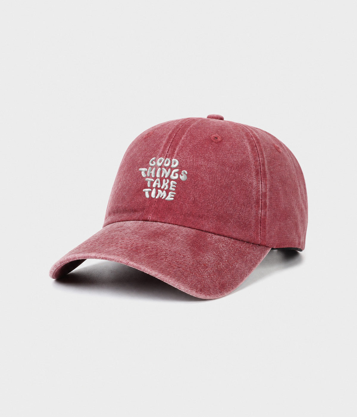 GOOD THINGS TAKE TIME. washed cotton dad cap in red, side view