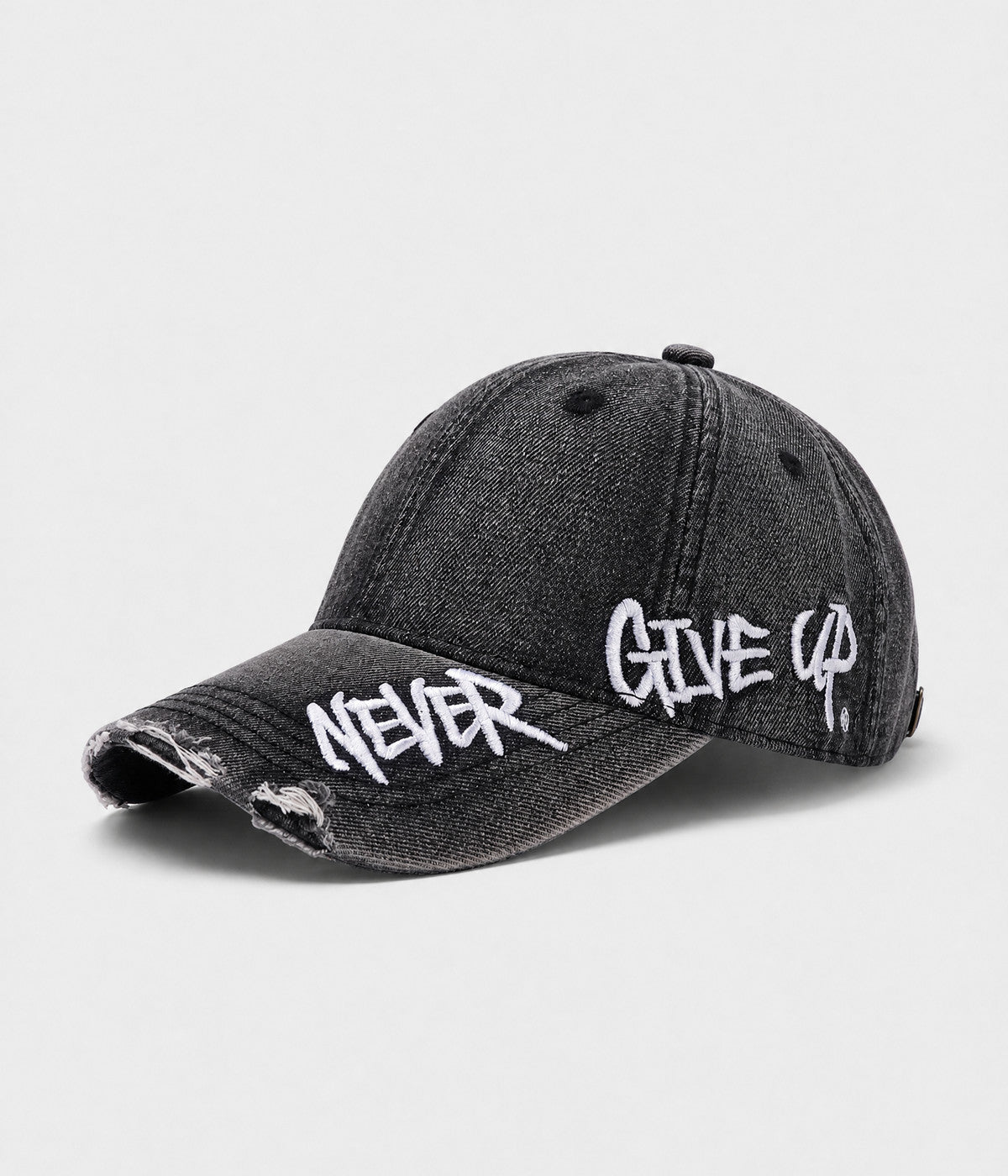 NEVER GIVE UP. washed distressed cotton dad cap in GRAY, side view