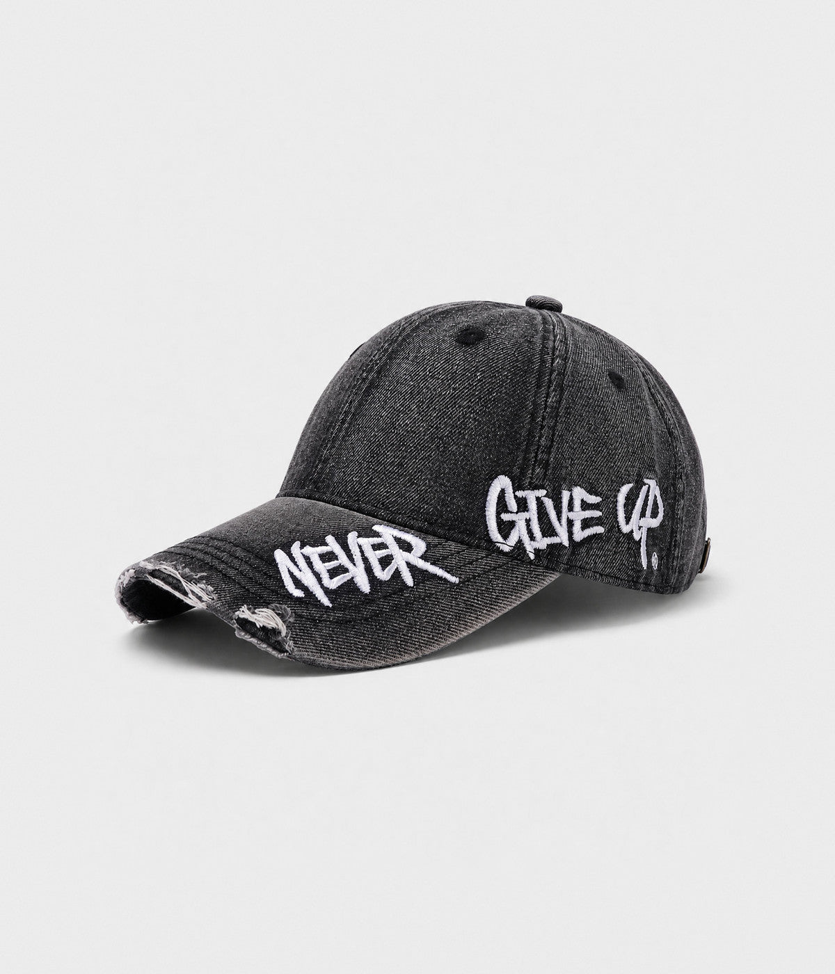 NEVER GIVE UP. washed distressed cotton dad cap in GRAY, side view
