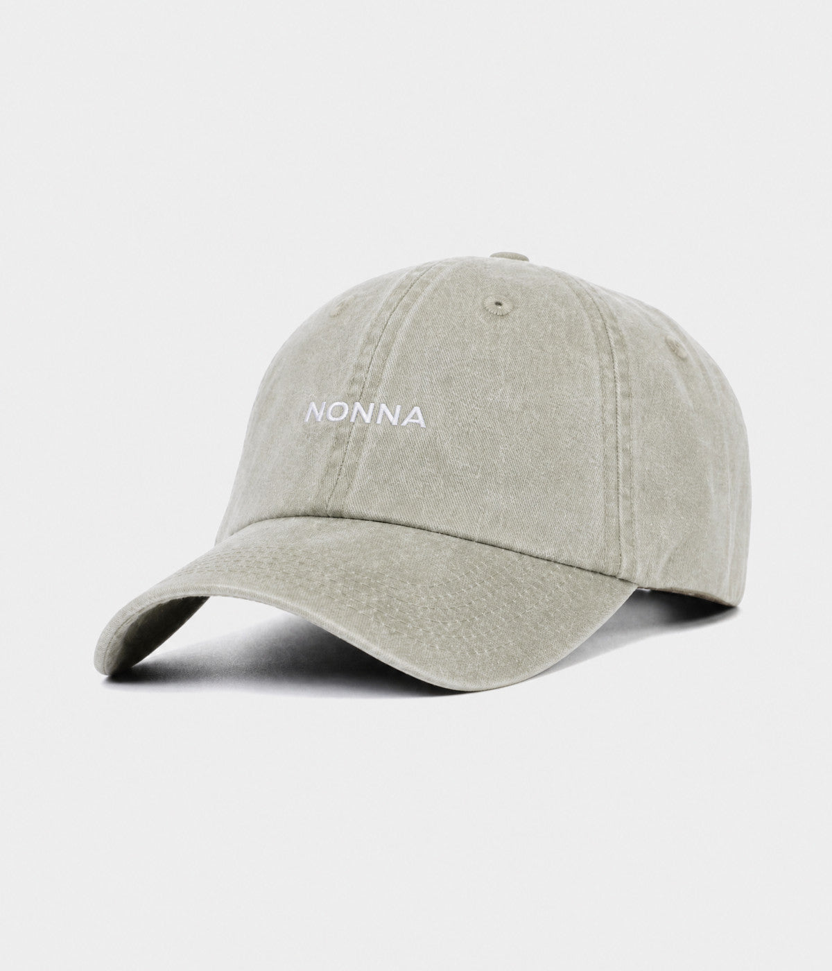 WASHED NONNA. washed cotton dad cap in GRAYISH SHEEN, side view
