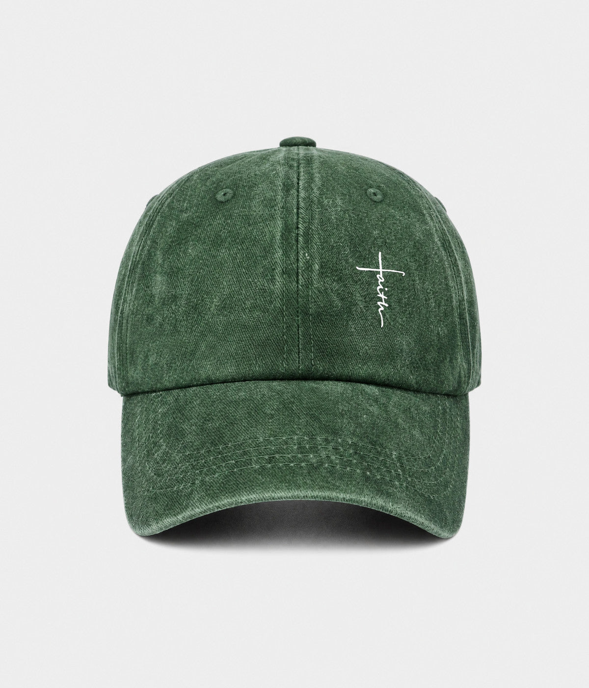 FAITH CROSS. washed cotton cap in GREEN, front view