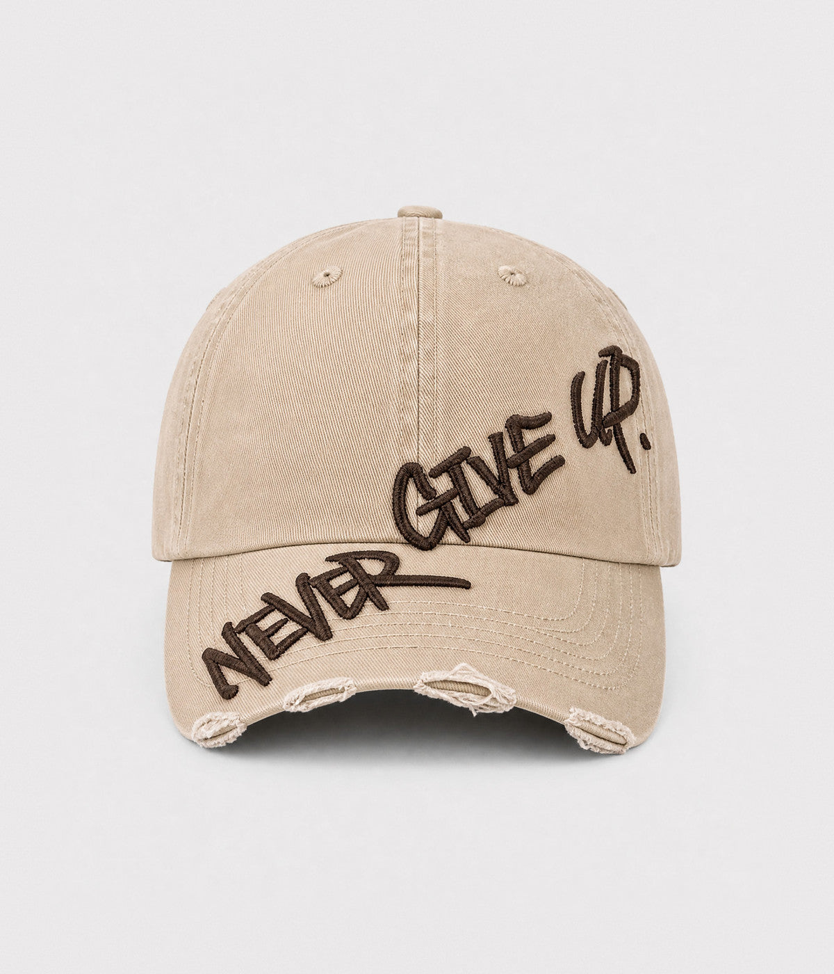 NEVER GIVE UP. washed distressed cotton dad cap in KHAKI, front view