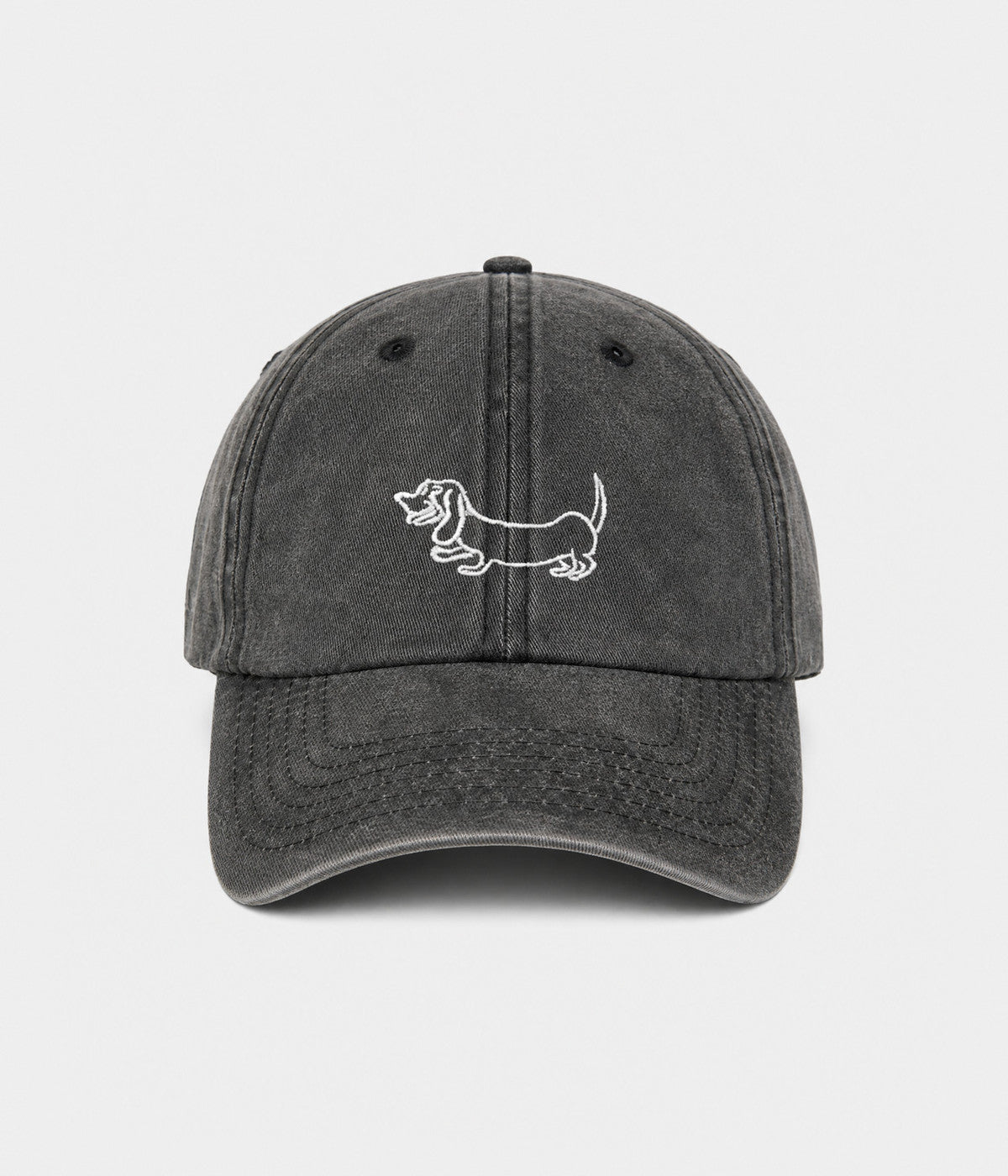 WASHED SAUSAGE DOG. washed cotton cap in BLACK, front view