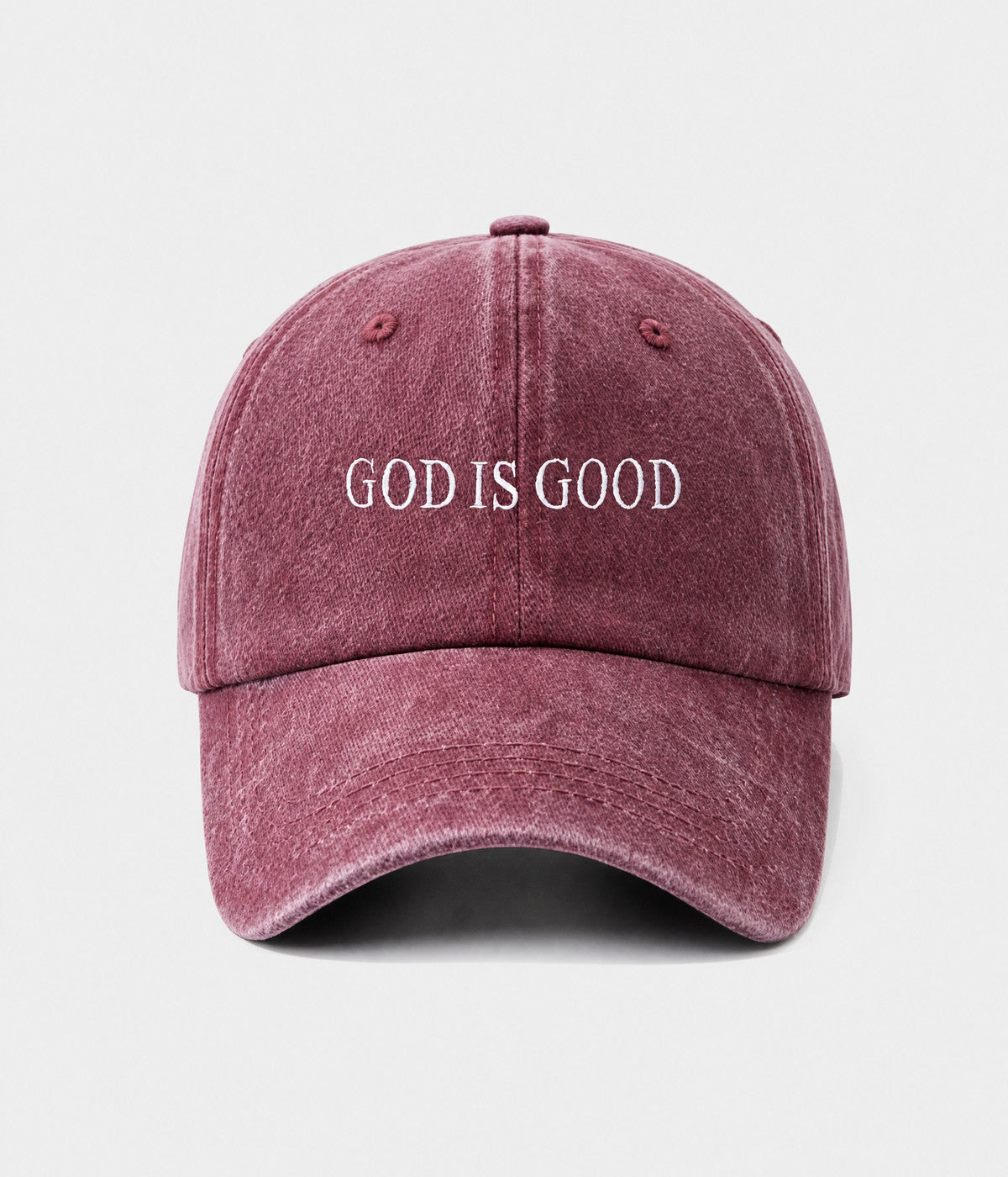 GOD IS GOOD. washed cotton cap in burgundy, front view