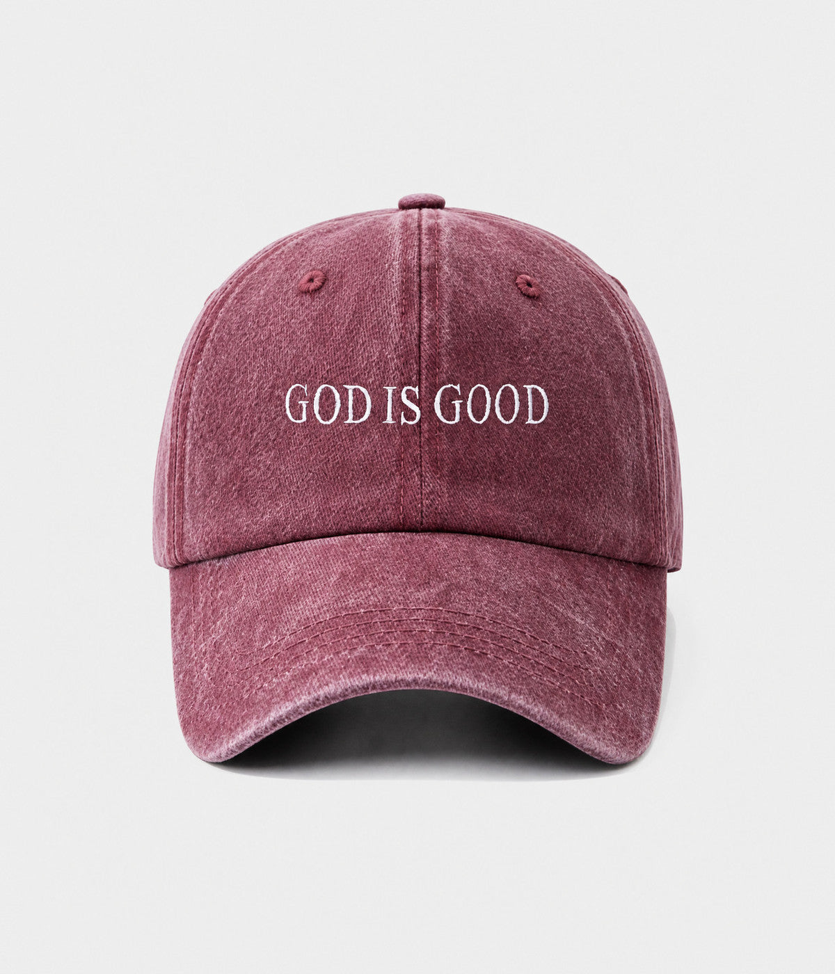 GOD IS GOOD. washed cotton cap in burgundy, front view