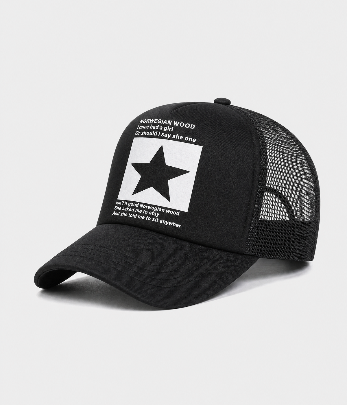 STAR TRUCKER. cotton-polyester trucker cap in black, side view
