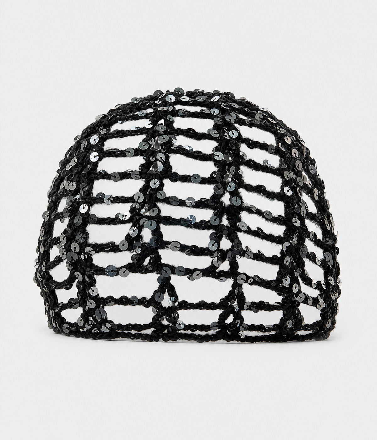 SEQUIN CROCHET CAP. open-work sequin crochet cap in black, front view