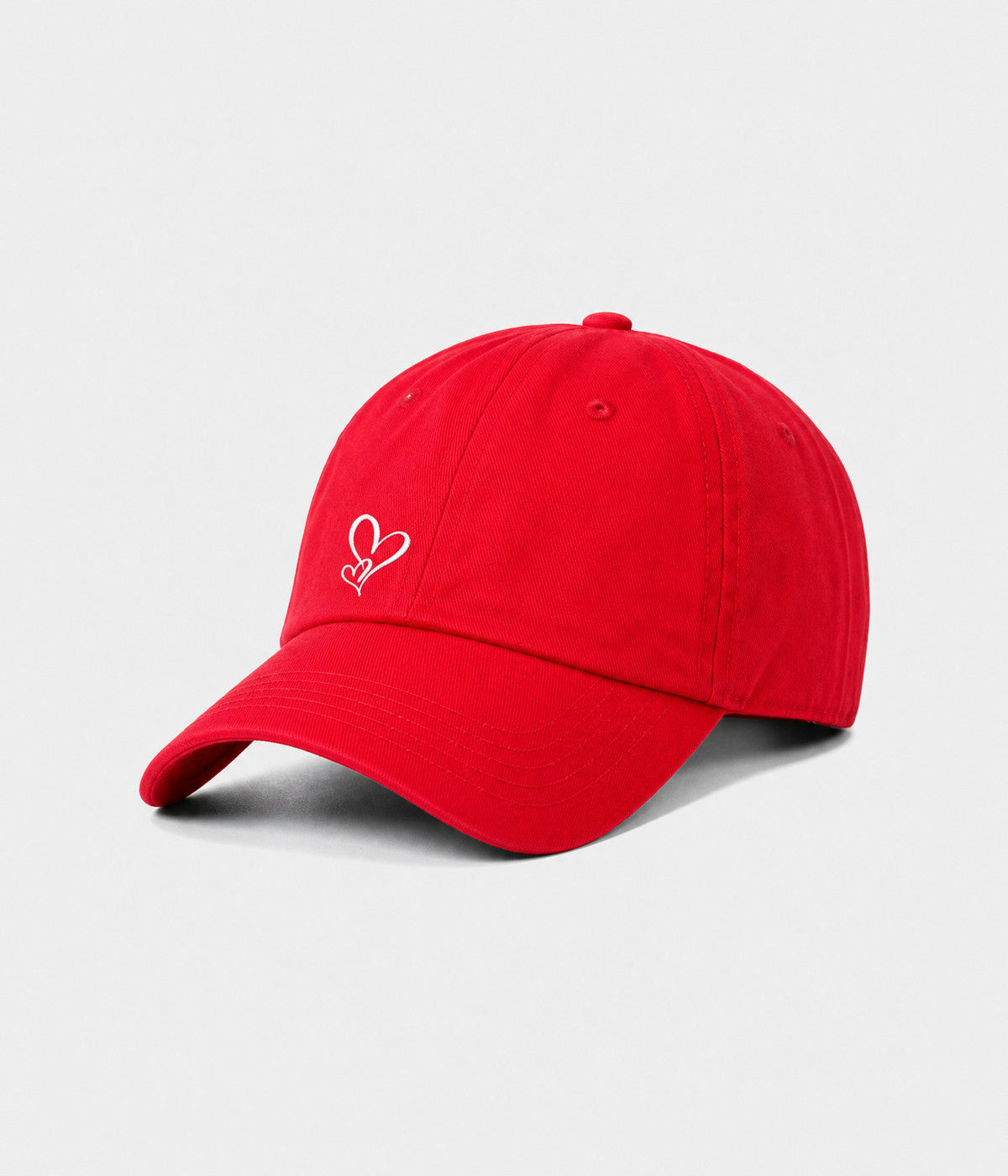 TWO HEARTS. cotton dad cap in red, side view