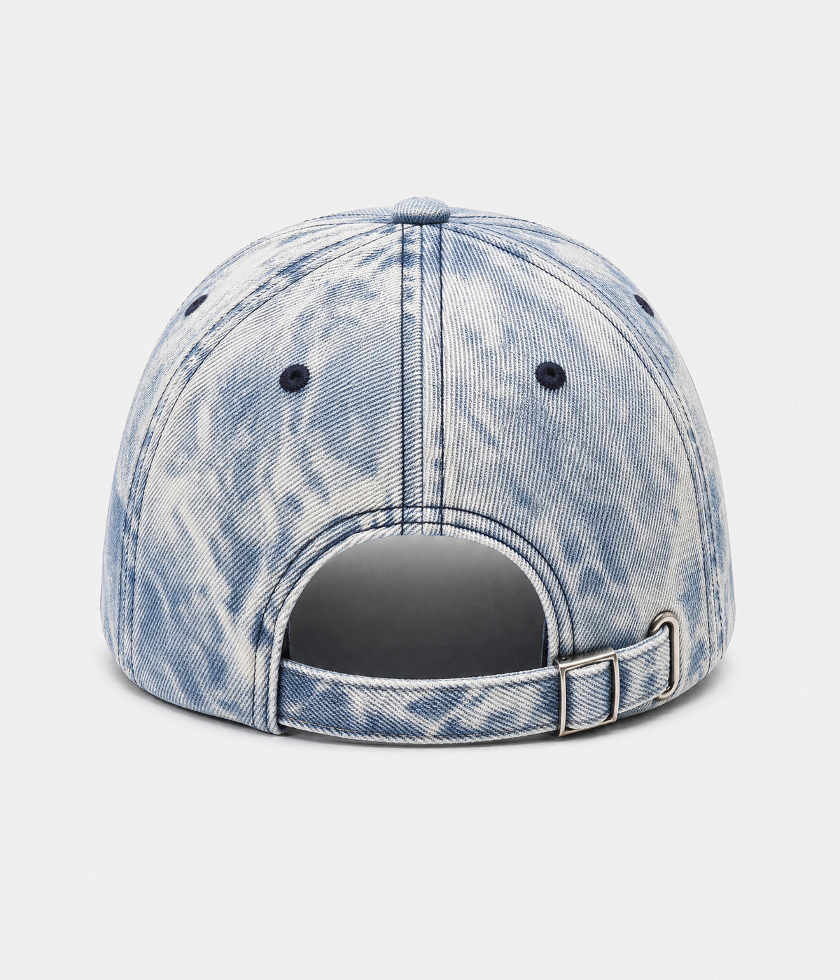 SNOW WASH DENIM. acid-washed denim cap in blue, back view